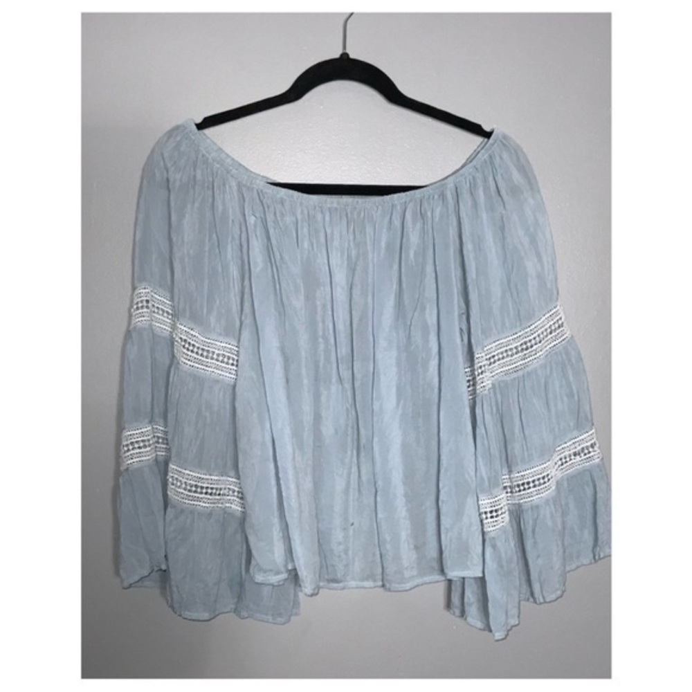 Maven West Light Blue White Cutouts Wide Sleeve Off Shoulder Crop Boho Blouse S